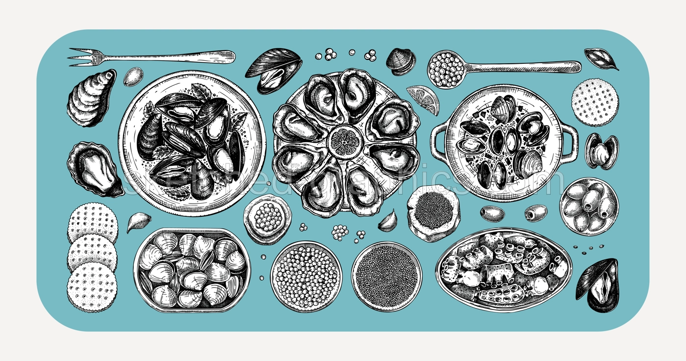Seafood buffet illustrations collection in collage style. Hand drawn shellfish - mussels, oyster, shrimps, caviar, canned fish canape sketches. Mediterranean cuisine, restaurant menu, finger food part Illustration